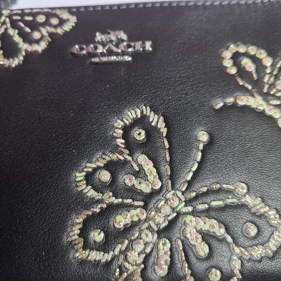 COACH CCJ72 Corner Zip Wristlet Sparkly Butterfly Iredescent Black Pink Green - Picture 2 of 3